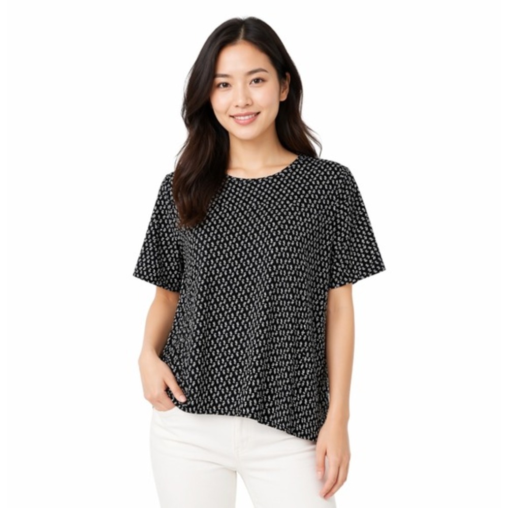 Ann Taylor LOFT Black White Leaf Print Short Sleeve Swing Top S Resortwear 88-11